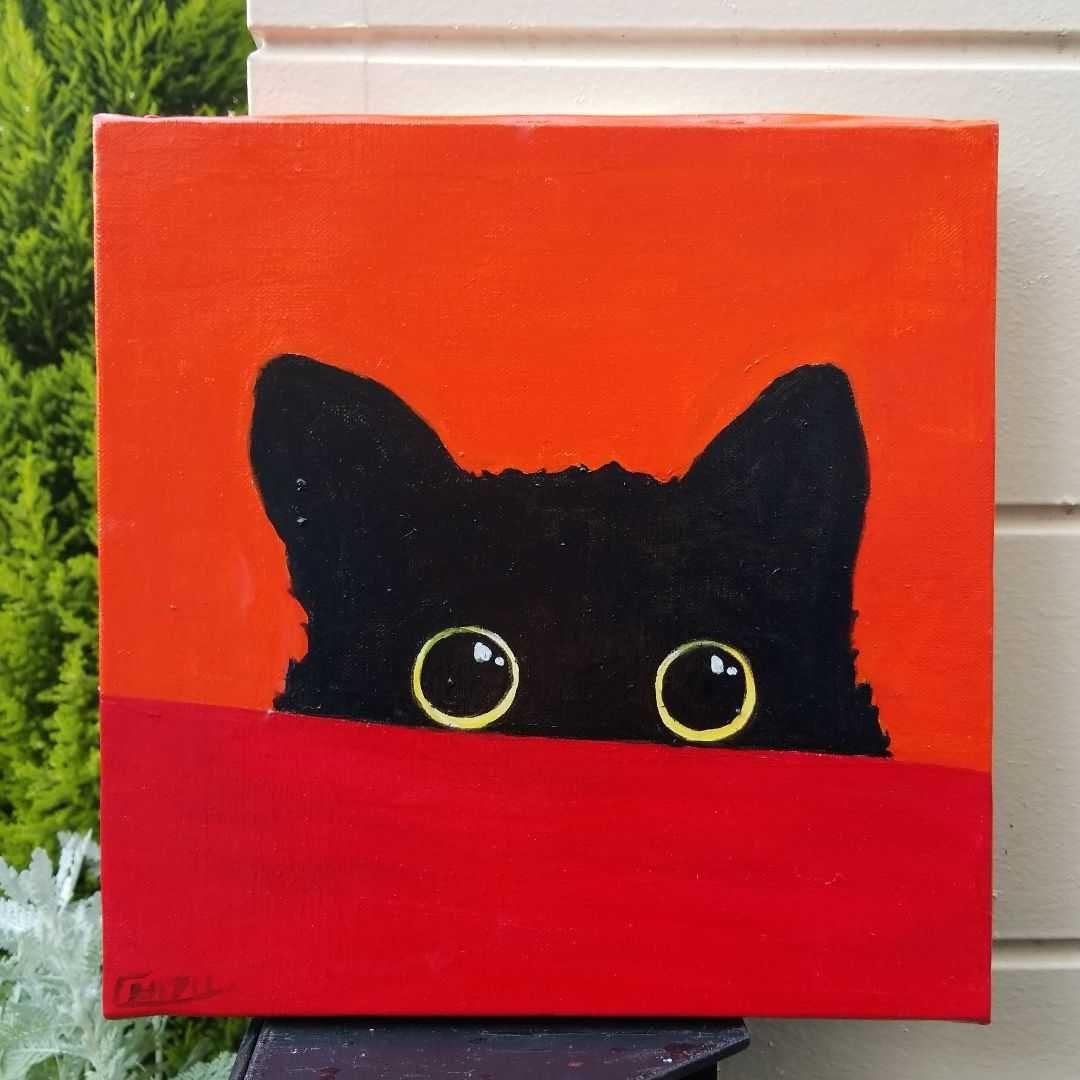 キャンバス油絵　よっこ 　何かを見ている猫