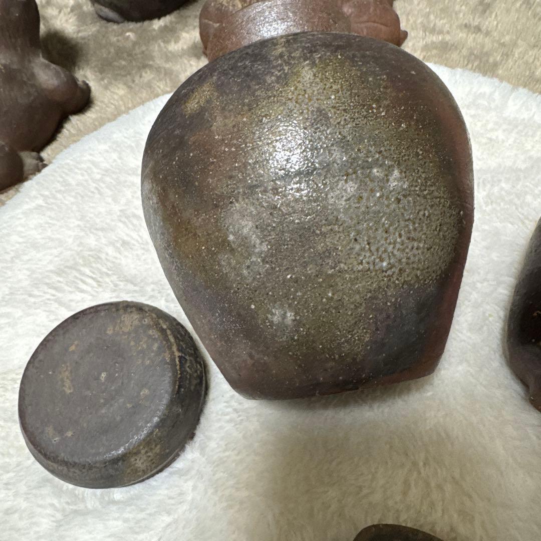 美品　備前焼　蓋付き壺　ぐい呑み2個　湯呑み1個　陶器4点セット