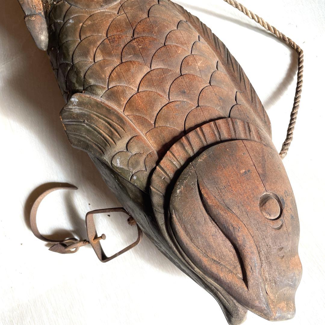 自在鉤 鯉 木彫り 古民具 アンティーク インテリア　和インテリア　昭和レトロ