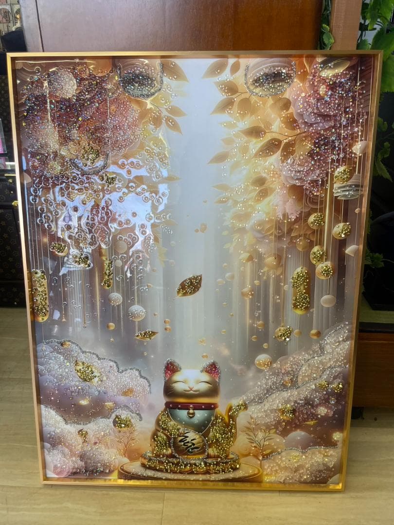 水晶絵　アートパネル　招き猫　金運　運気　運勢　縁起　クリスタル　絵画　アート