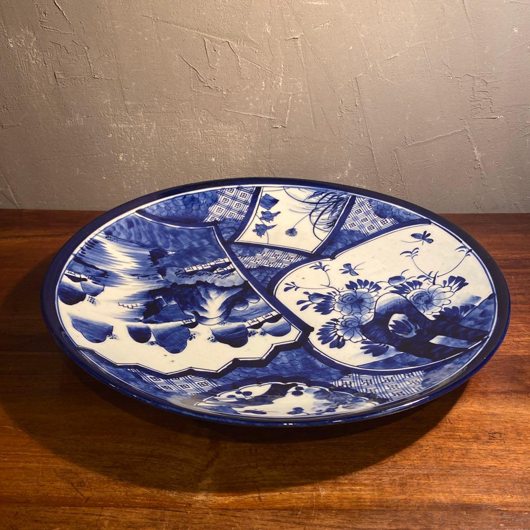 骨董品 古伊万里 40.5cm染付大皿 ベロ藍 山水画 花鳥文 江戸後期