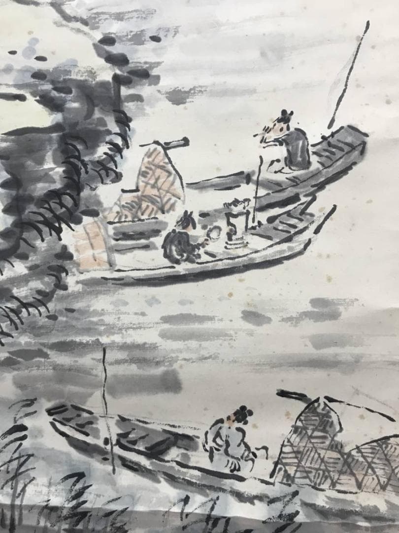 【真作】福田浩湖/柳蔭語喜図/山水図/山水人物図/掛軸/名家伝来/AB-848