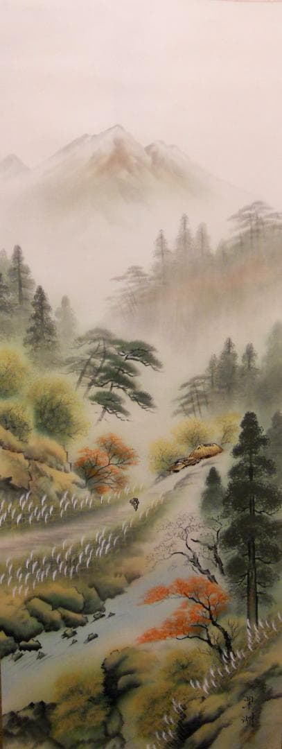 掛け軸 小川翠湖 彩色秋景 絹本 希少 軸装 茶道具 掛軸 美品 です。