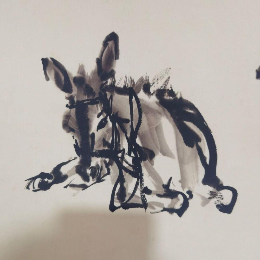 中国画 黄胄「群驴図」手巻き 掛軸 竜文表装 約338×30cm