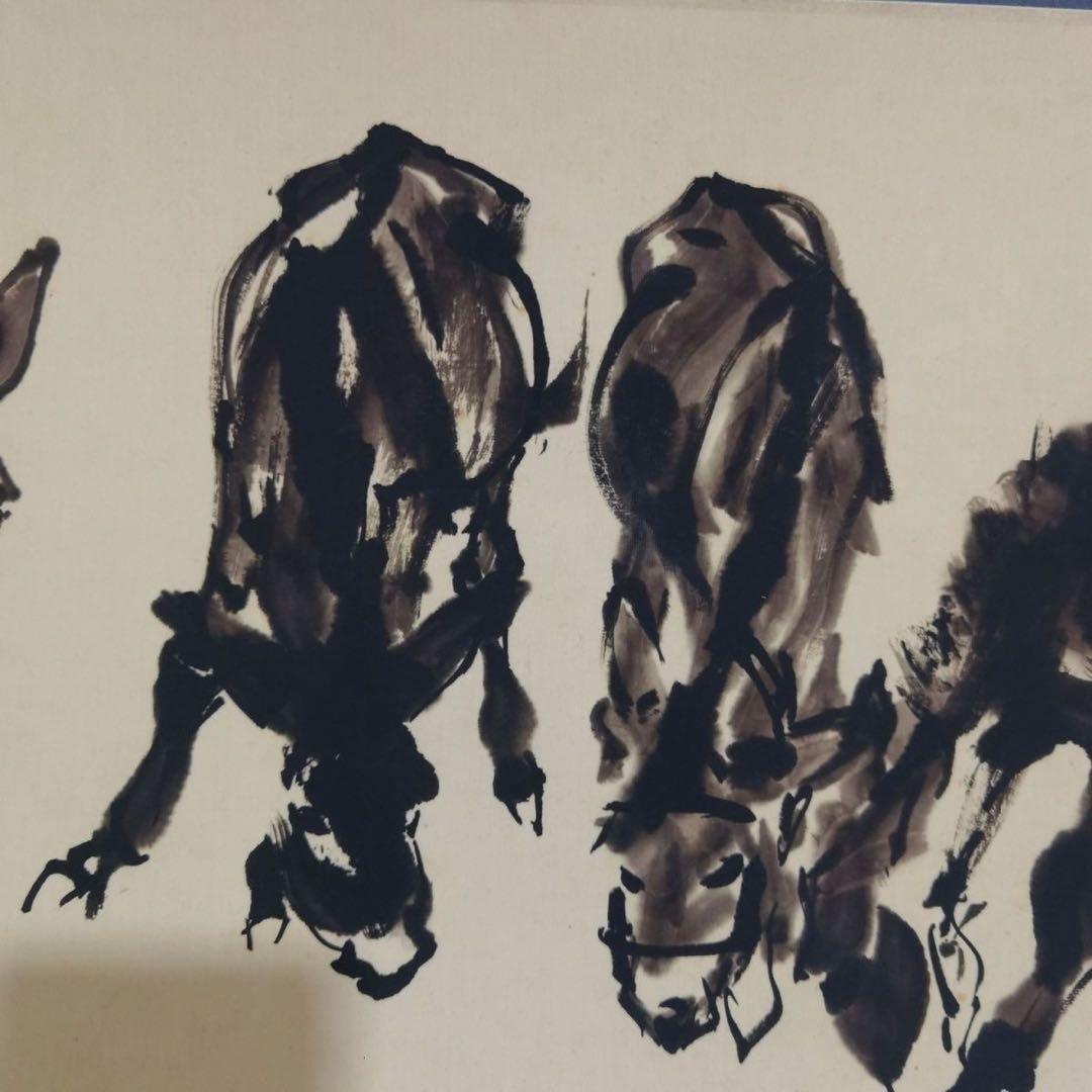 中国画 黄胄「群驴図」手巻き 掛軸 竜文表装 約338×30cm