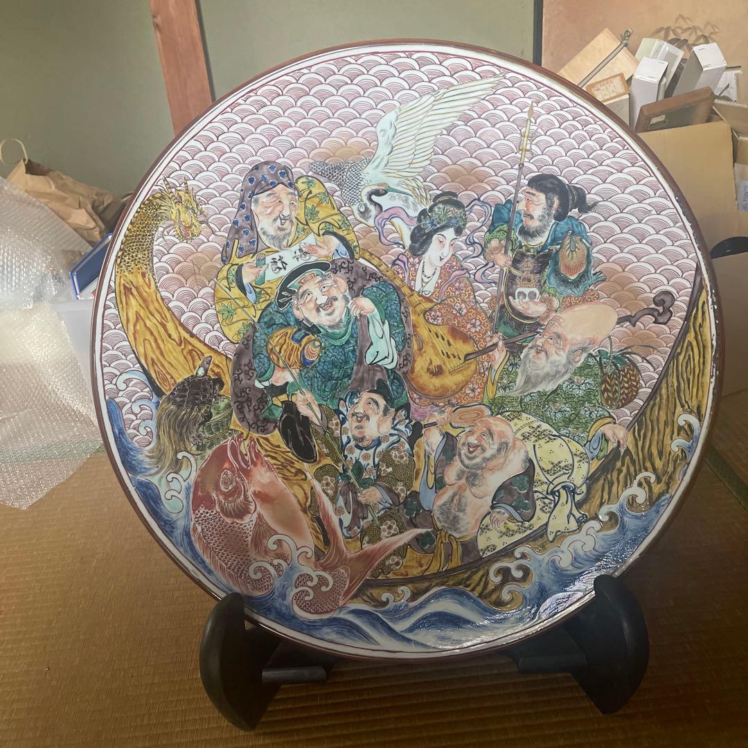 九谷焼　松龍作　七福神飾り大皿　2尺1寸7分8厘
