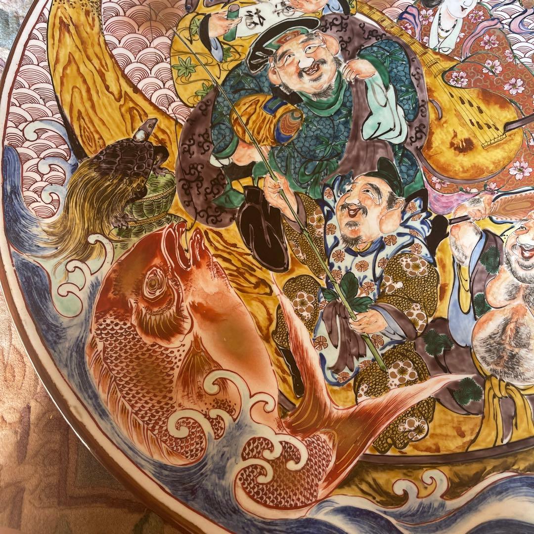 九谷焼　松龍作　七福神飾り大皿　2尺1寸7分8厘