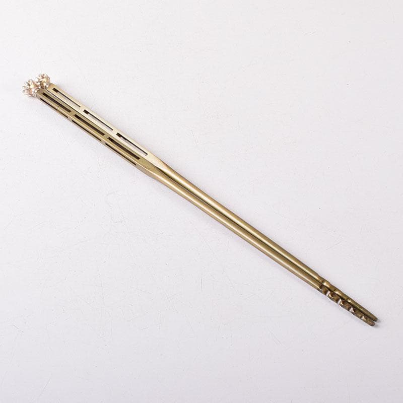 金工師　木村清五郎（清雲）造　黄銅　菊頭　四方すかし飾　火箸　共箱　CR8195