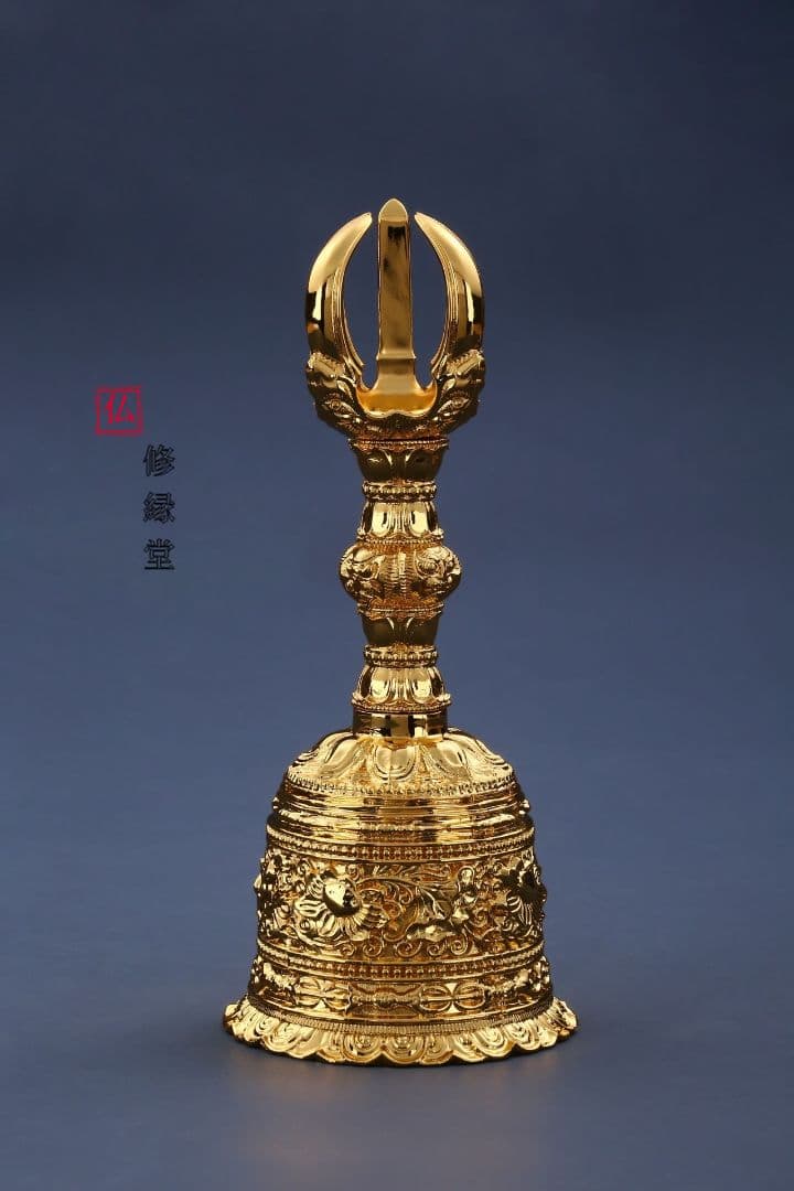 【修縁堂】密教法具古美術品 鬼面五鈷蓮金剛鈴 チベット密教 高さ18.5cm