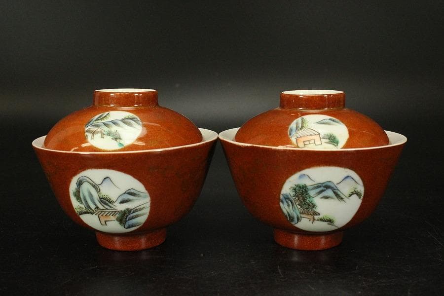 中国美術 図変 色絵 蓋茶碗 二十客(ZE691)