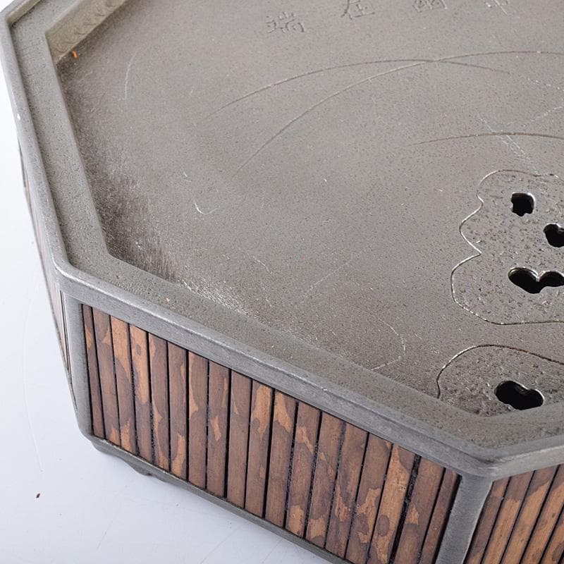 中国　古銅　漢詩花刻　斑竹細工　八角香炉　在銘　U　R7587