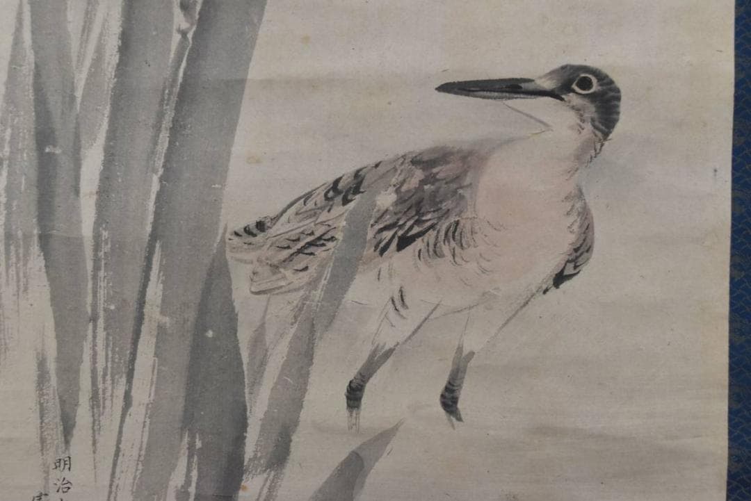 【真作】森寛斎/菖蒲鳥之図/花鳥図/クイナ図/掛軸/名家伝来/AA-386