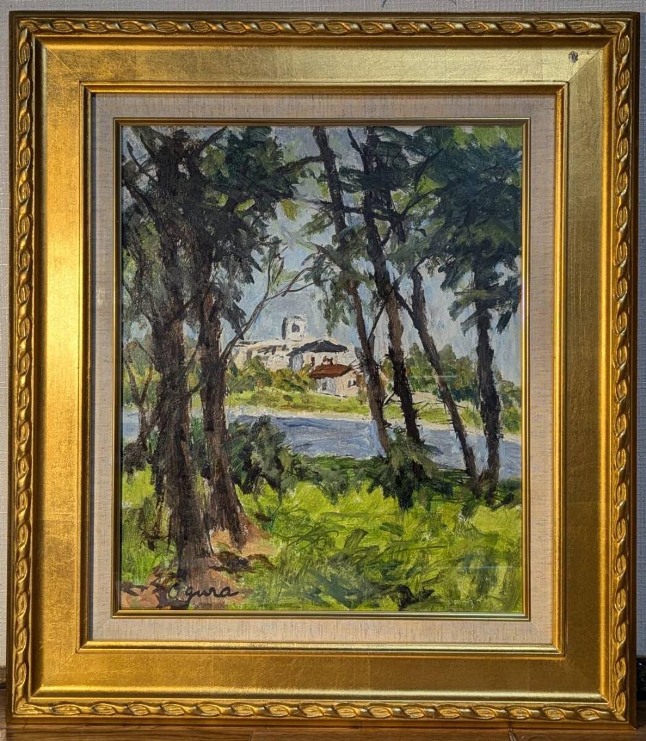 【真作】絵画　油彩8号　木立の向こうの白い家　異国情緒あふれる風景画　W93