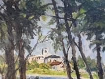 【真作】絵画　油彩8号　木立の向こうの白い家　異国情緒あふれる風景画　W93