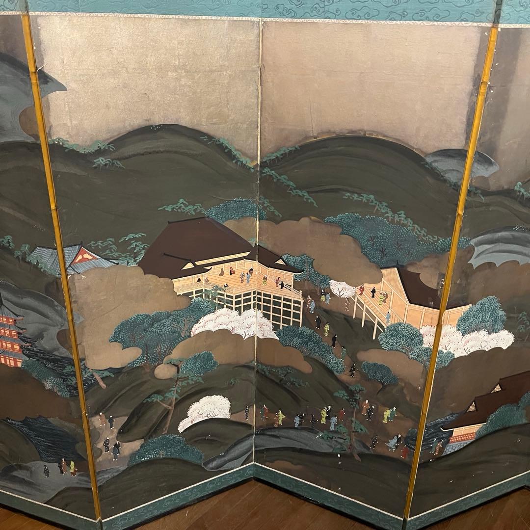 【アンティーク】蔵出し 六曲一双 屏風 人物画 風景画 日本画 金屏風 古美術