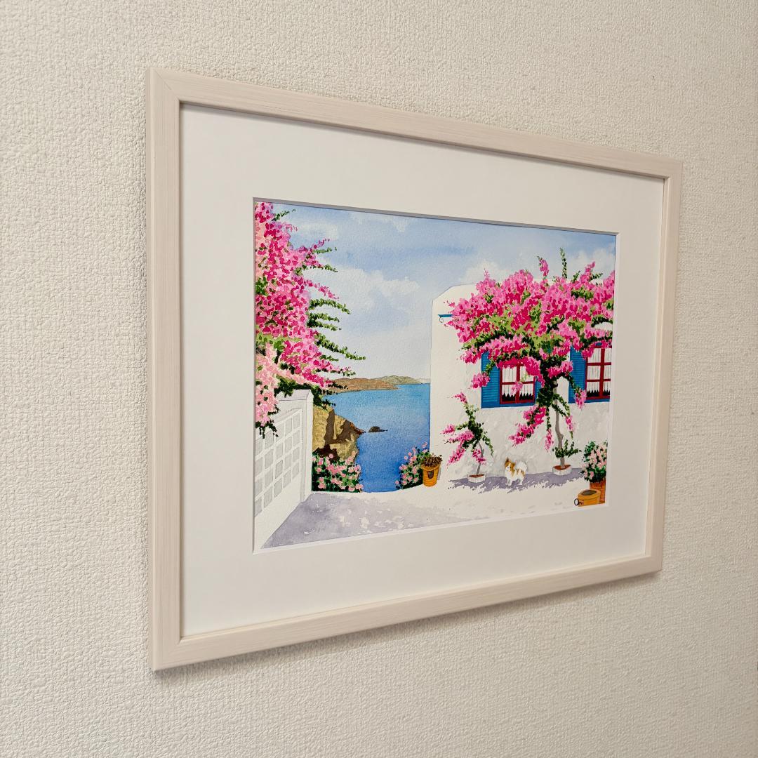 透明水彩画　原画　「エーゲ海とブーゲンビリア01」額縁付き　F4サイズ　風景画
