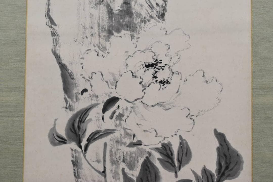 西棲雲/太湖石画賛/牡丹図/掛軸/名家伝来/AA-887