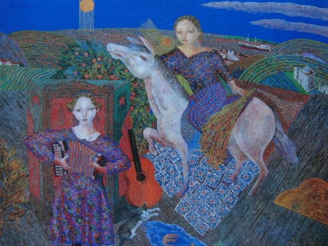 山本達郎、【緑なす丘陵】、希少な画集画、新品高級額・額装付