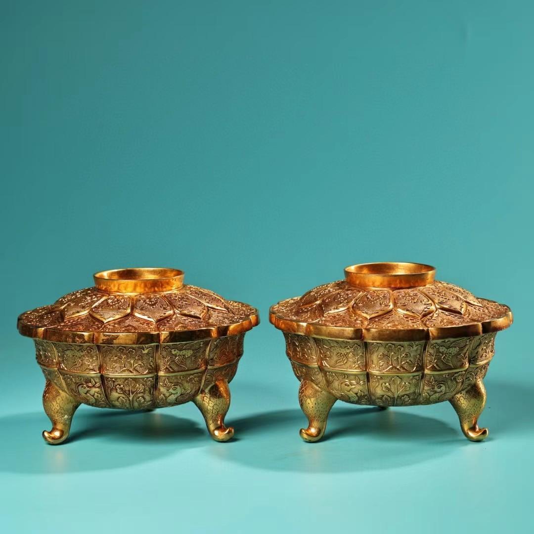 中国古美術・旧蔵鎏金茶碗の缶のセット・純銅細密彫・純手作り・高浮彫・置物・茶道具