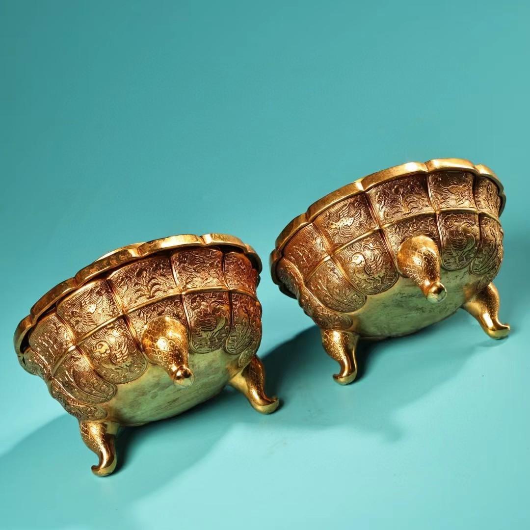 中国古美術・旧蔵鎏金茶碗の缶のセット・純銅細密彫・純手作り・高浮彫・置物・茶道具