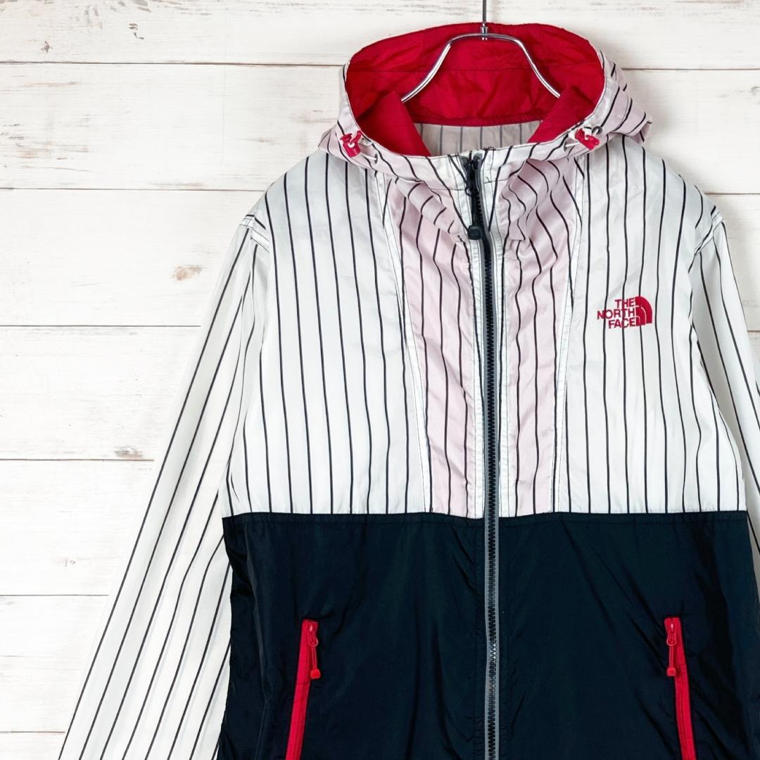 ノースフェイス　ナイロンジャケット　薄手　ロゴ刺繍　ストライプ柄　ドローコードS