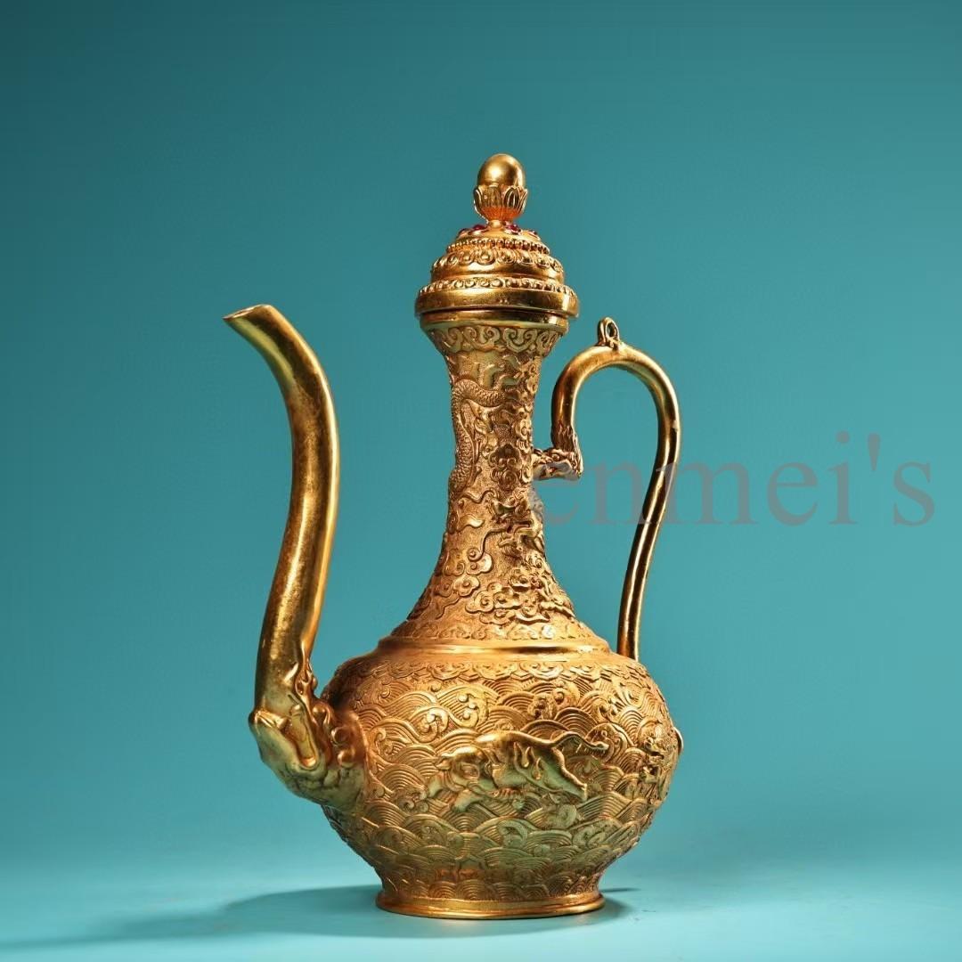 中国古美術・珍蔵純銅製・鎏金・酒器・高浮彫酒壺・純手作り・茶道具・酒具・風水置物