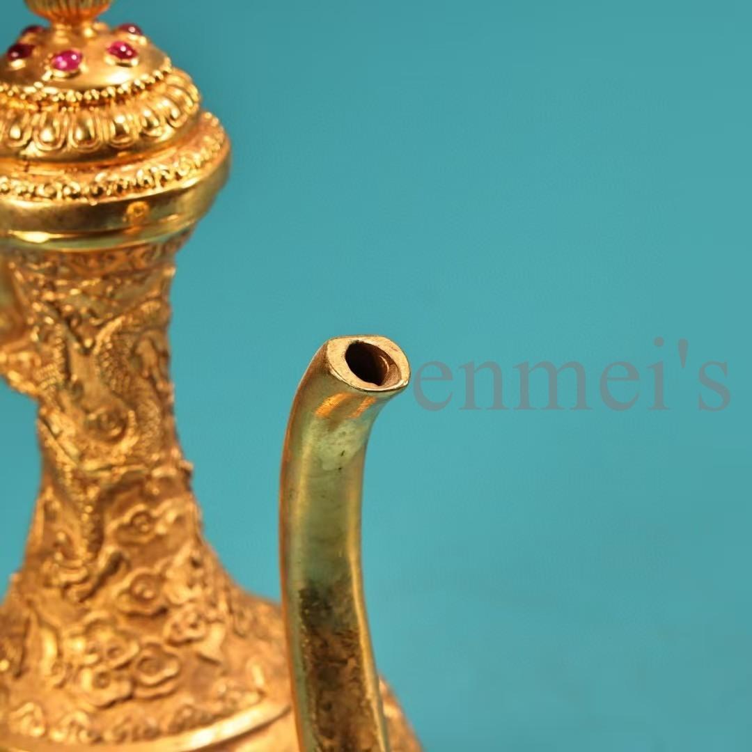 中国古美術・珍蔵純銅製・鎏金・酒器・高浮彫酒壺・純手作り・茶道具・酒具・風水置物