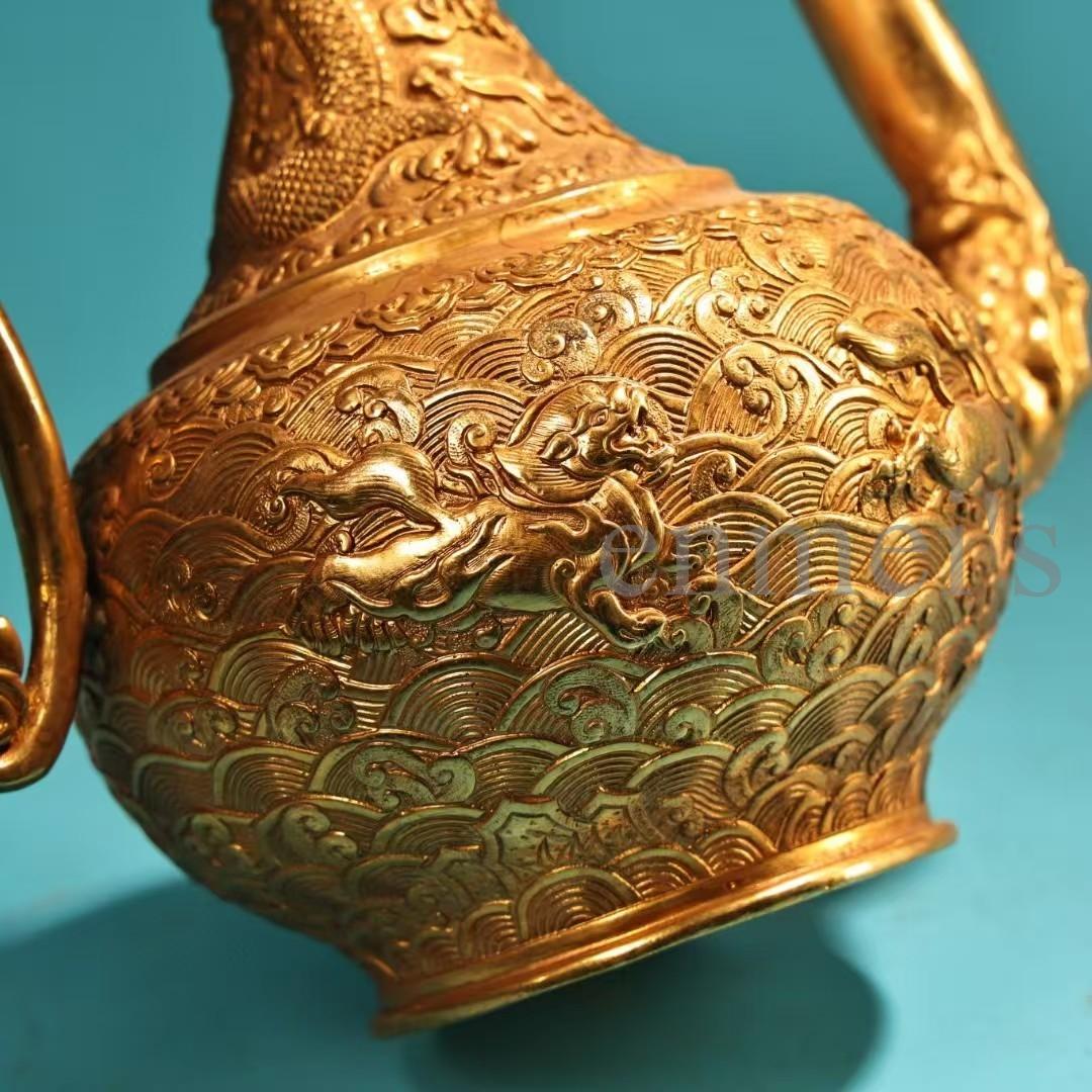 中国古美術・珍蔵純銅製・鎏金・酒器・高浮彫酒壺・純手作り・茶道具・酒具・風水置物