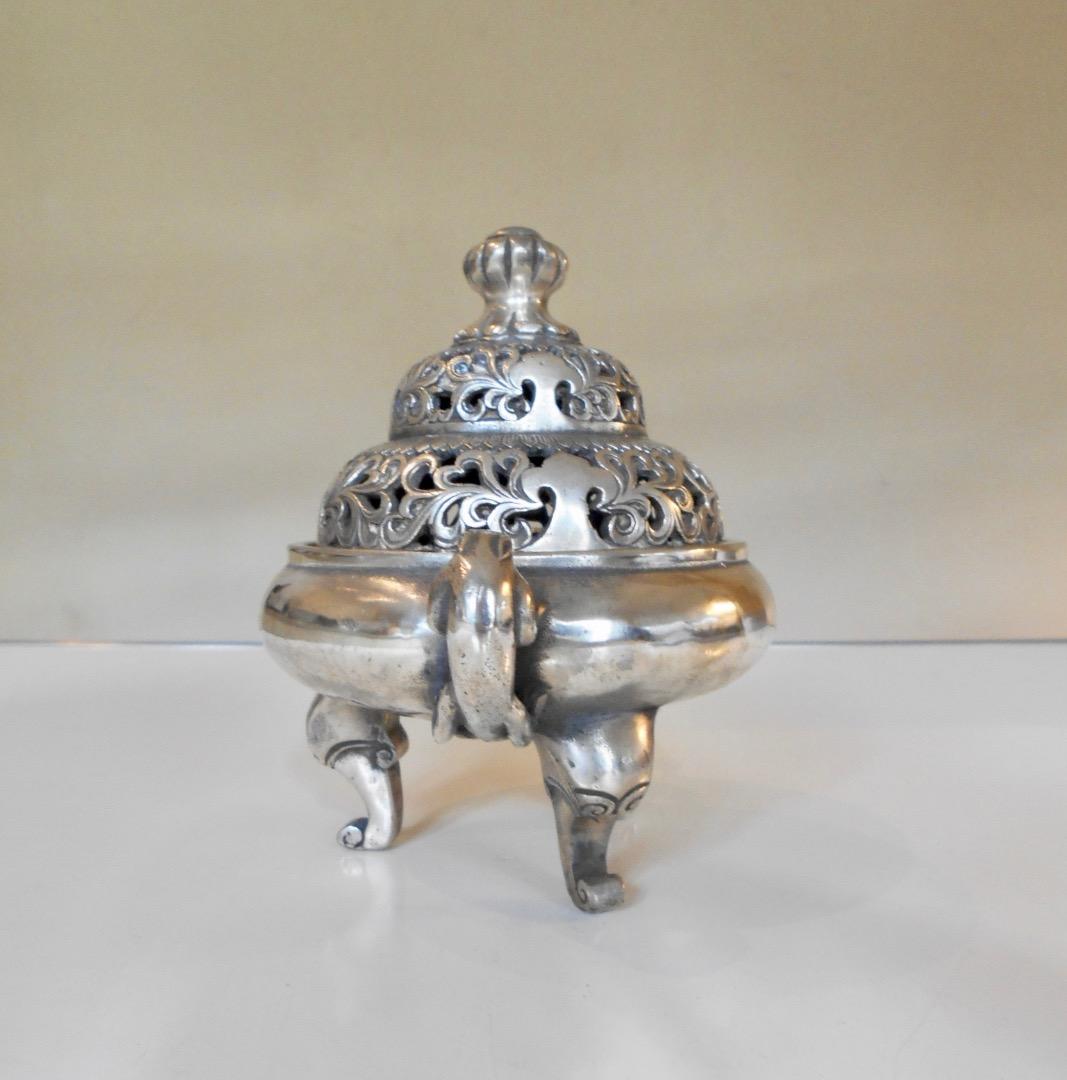銀製の香炉！中国装飾の豪華 白銅に銀メッキ 在銘あり 古もの