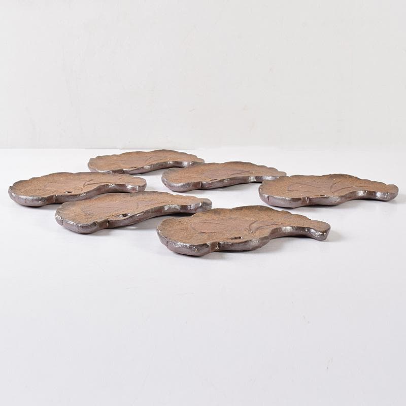 和食器　備前焼　乗松建行作　銀杏型銘々皿　六客　共箱　M　R7891