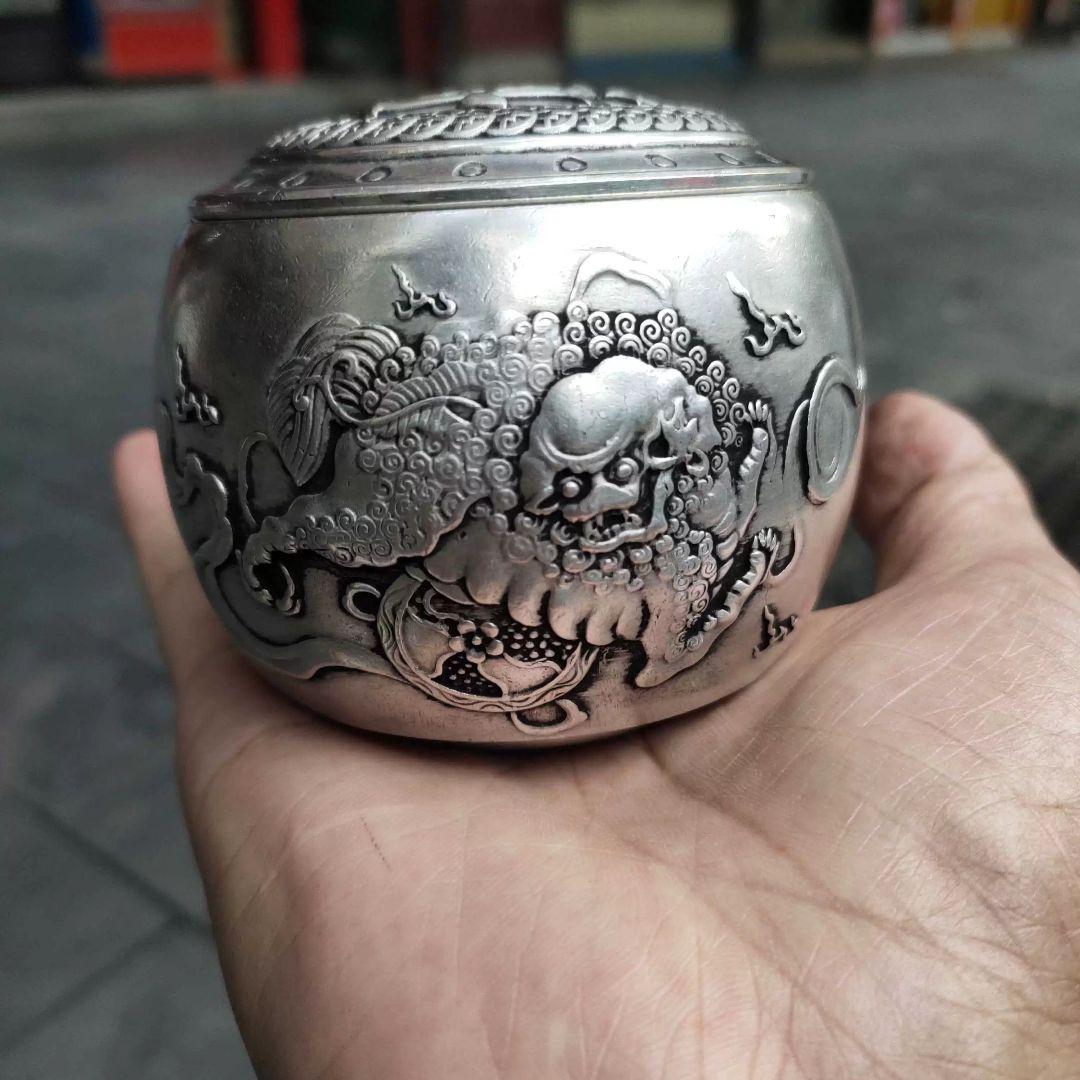 銅器 茶筒 招財進宝獅子茶筒 茶道置物 装飾品 工芸品