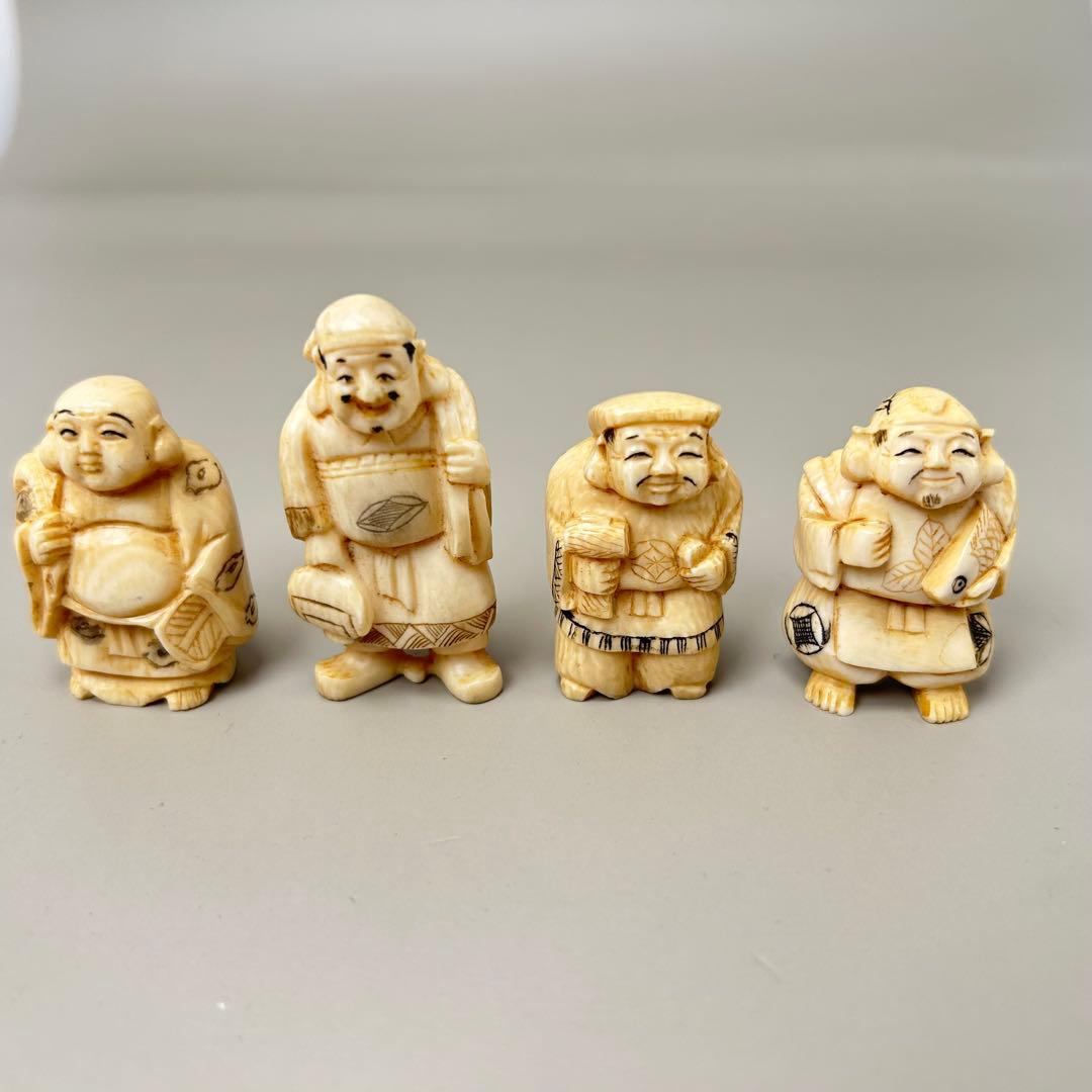 福の神像 4体セット彫刻根付天然素材アンティーク骨董飾り物古美術置物細密細工
