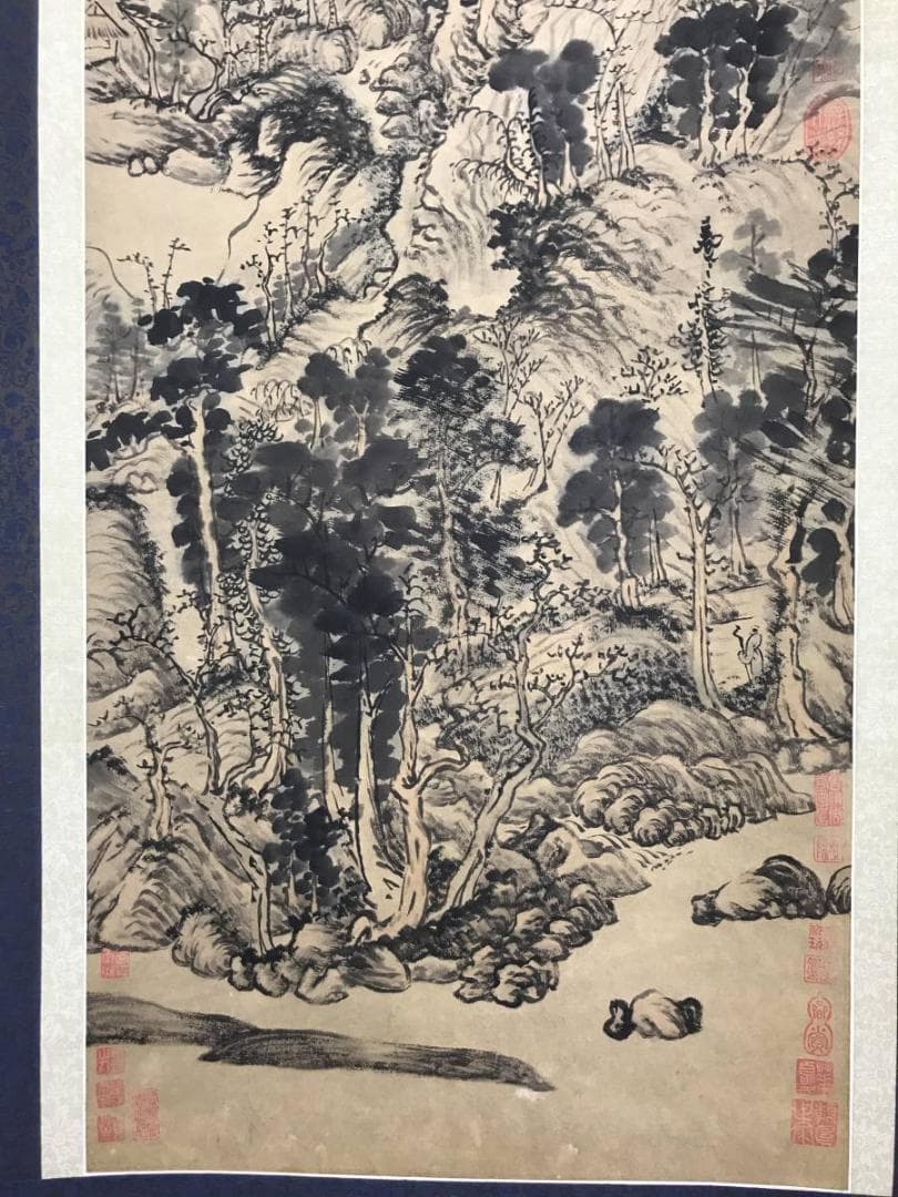 【真作】王林明/青下隠居図/山水図/山水人物画賛/掛軸/名家伝来/AB-806