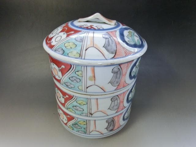 鉢■三段重鉢 赤絵 窓菖蒲 唐草紋 陶器 お重 古美術 時代物 骨董品■