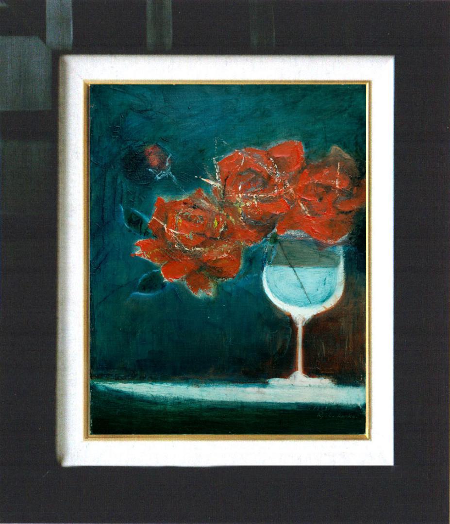 油絵 菅家令子 絵 絵画インテリア額付(青緑＋金色の枠) F4-070302ばら