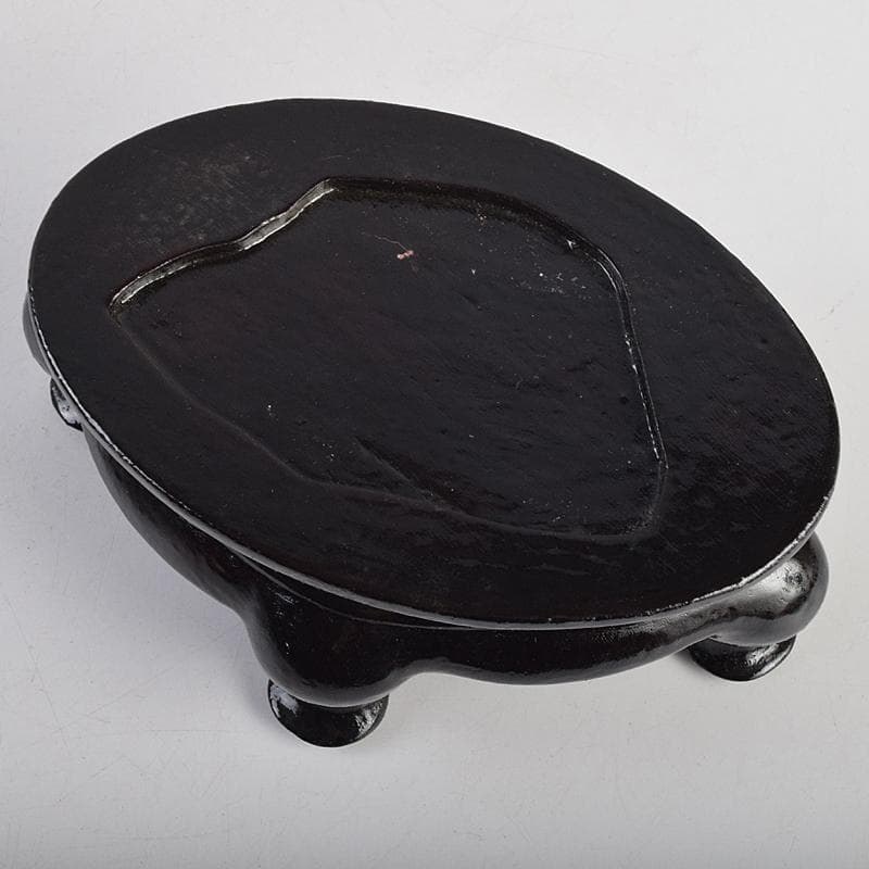 中国　玉石寿山石彫刻　鶴松刻　置物　唐木台付　V　R9120