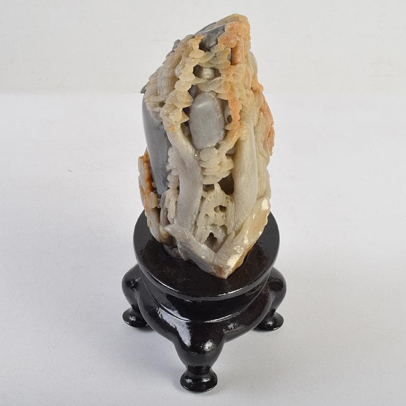 中国　玉石寿山石彫刻　鶴松刻　置物　唐木台付　V　R9120