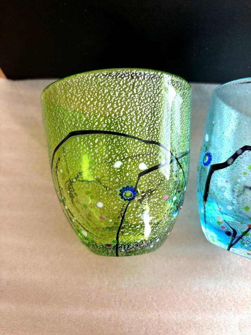 ガラスペアロックグラス★セット価格★若草色、水色★新品未使用、送料無料★