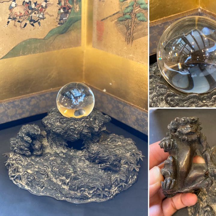 ■送料無料■ 銅器　獅子　古美術　骨董賓　岩上の獅子　水晶？