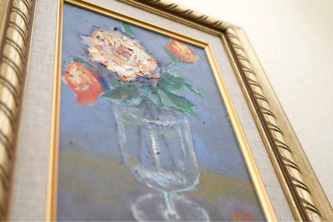 【肉筆】油絵 薔薇 豪華額縁付き 薔薇の絵 真筆 アンティーク インテリア 風水