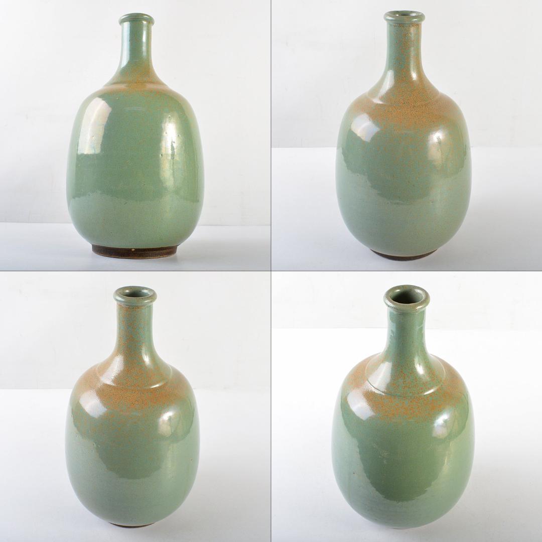 富山県　越中小杉焼　青磁　鶴首瓶　時代箱付　K　R5997B