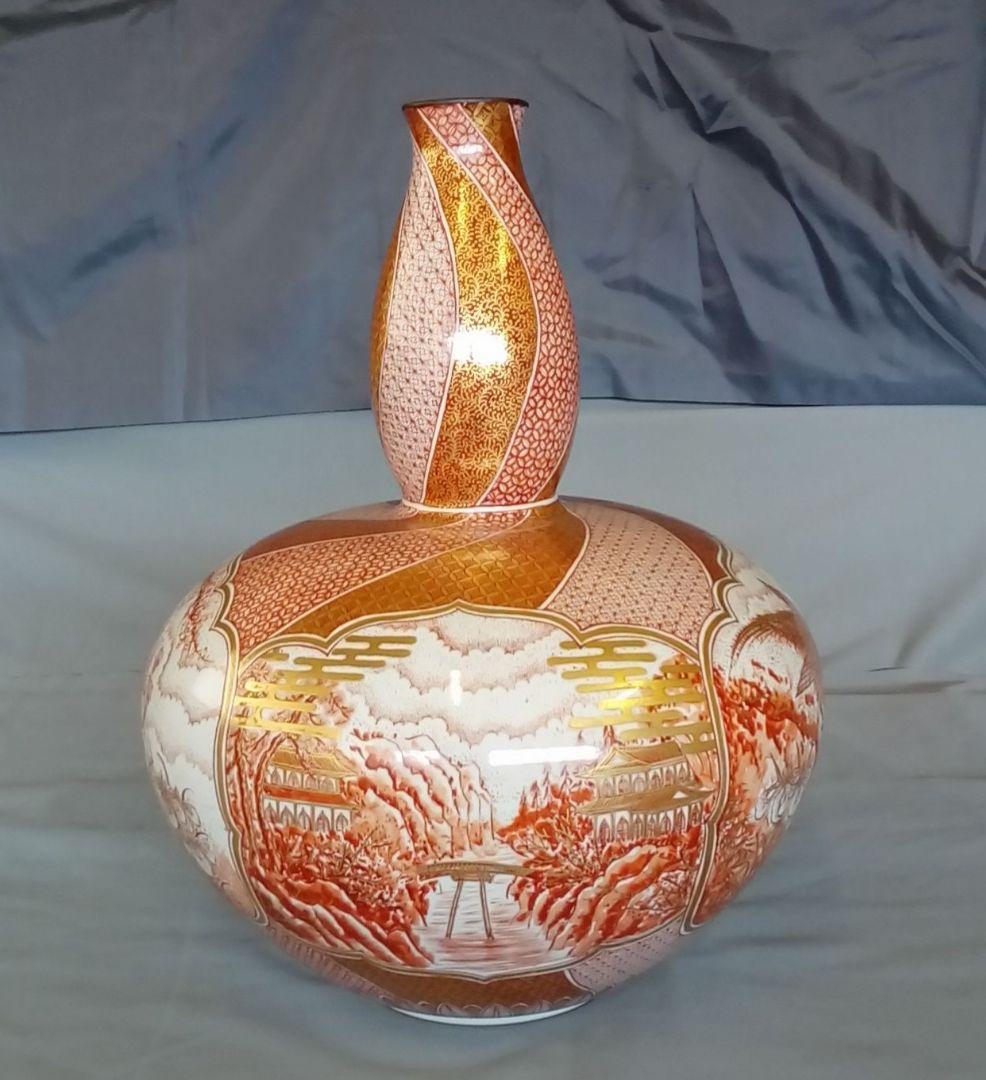 九谷焼　13.5号飾り壷「赤絵小紋割取」佐野青葉作　共箱入り