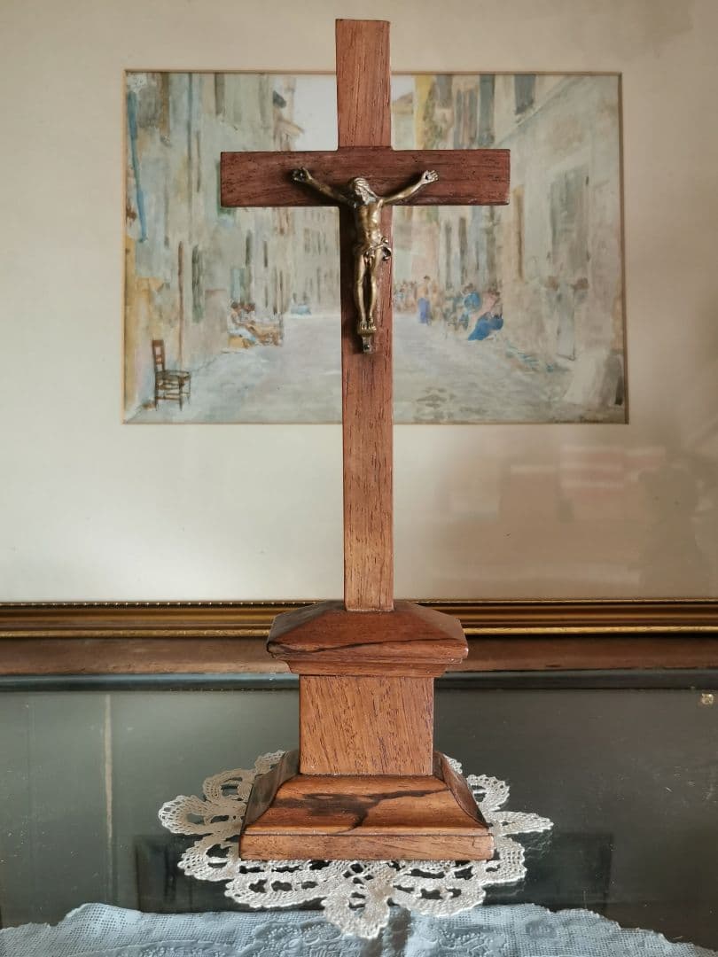 アンティークフランス/ベルギー ブロンズのキリストと十字架 杢目木製祭壇スタンド