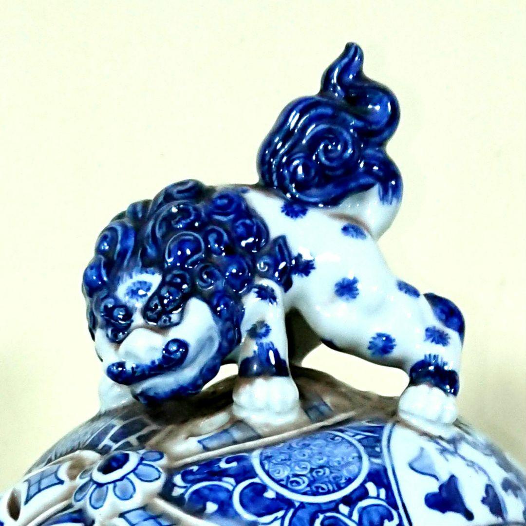 稀少 在銘 陶器製 中国 五良大甫呉祥瑞造 染付 獅子 香炉 高さ20.5cm