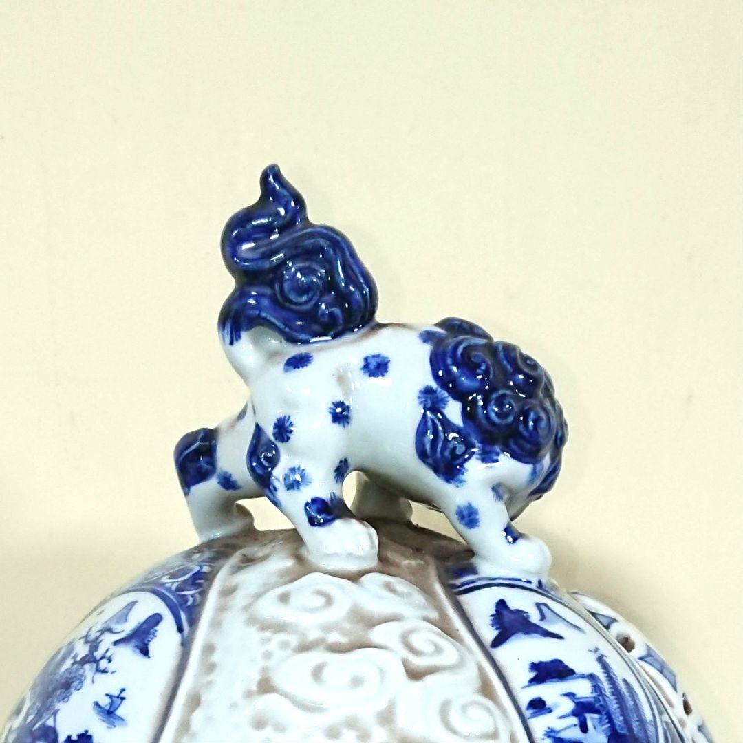 稀少 在銘 陶器製 中国 五良大甫呉祥瑞造 染付 獅子 香炉 高さ20.5cm