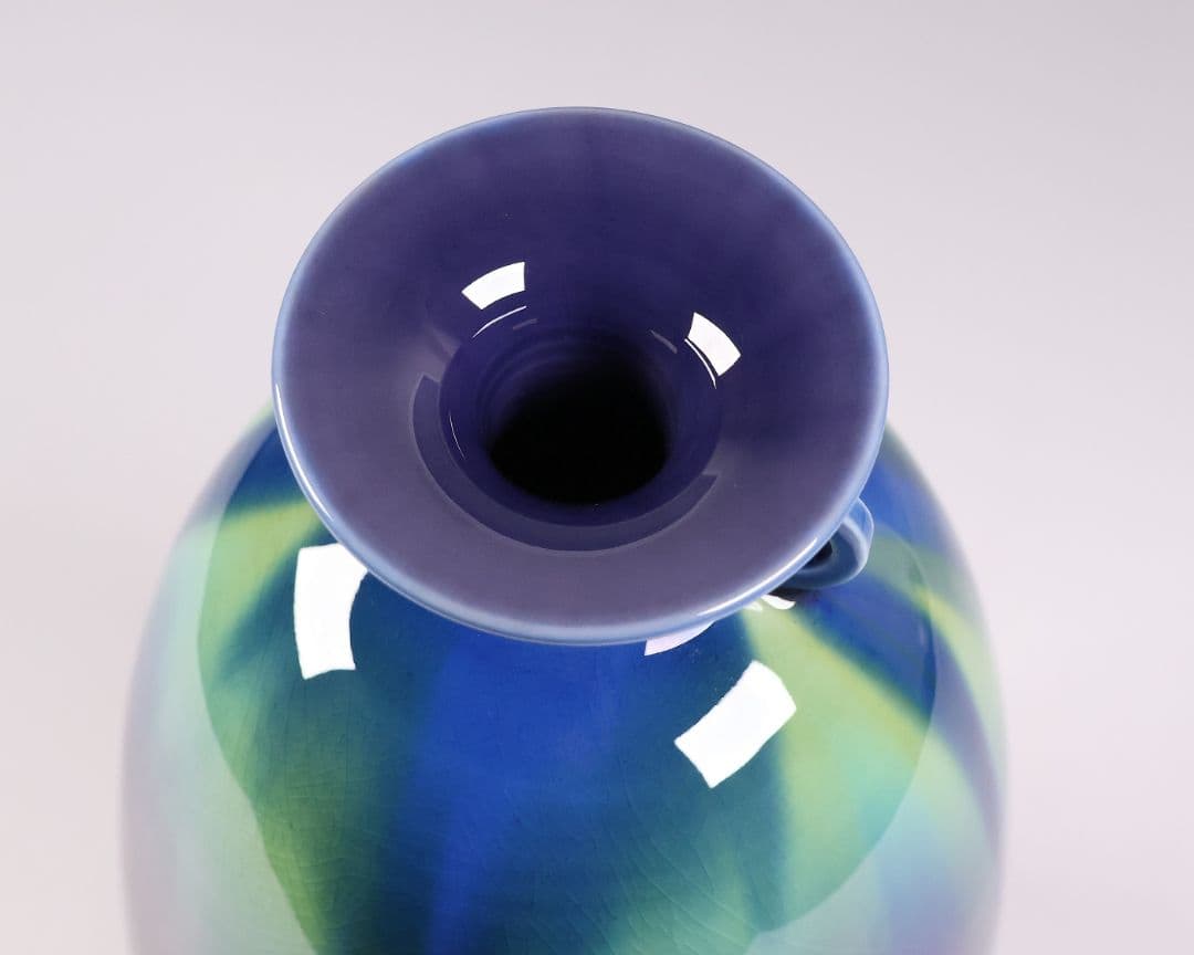 【MA935】人間国宝 三代・徳田八十吉 碧明釉 耳付 壷 花瓶 共箱 陶芸