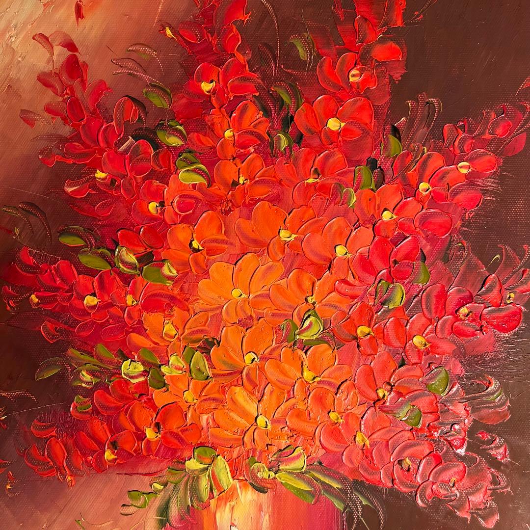 手書き油絵 花瓶の花 額付 絵画 インテリア 油彩画