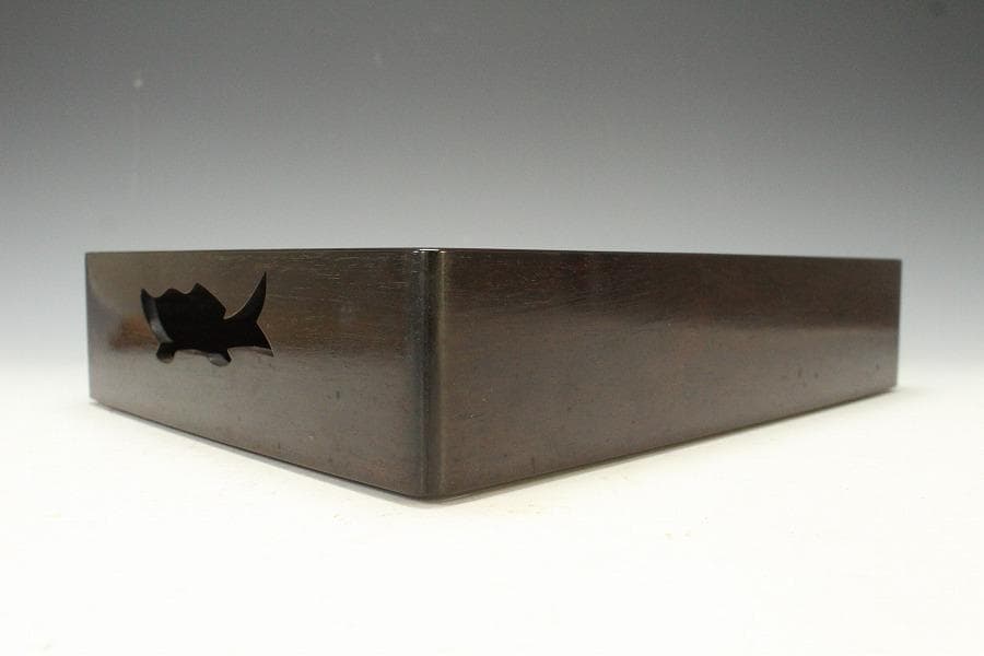 高級 本 紫檀 双魚透 煙草盆 本紫檀 重厚 共箱 旧家蔵出