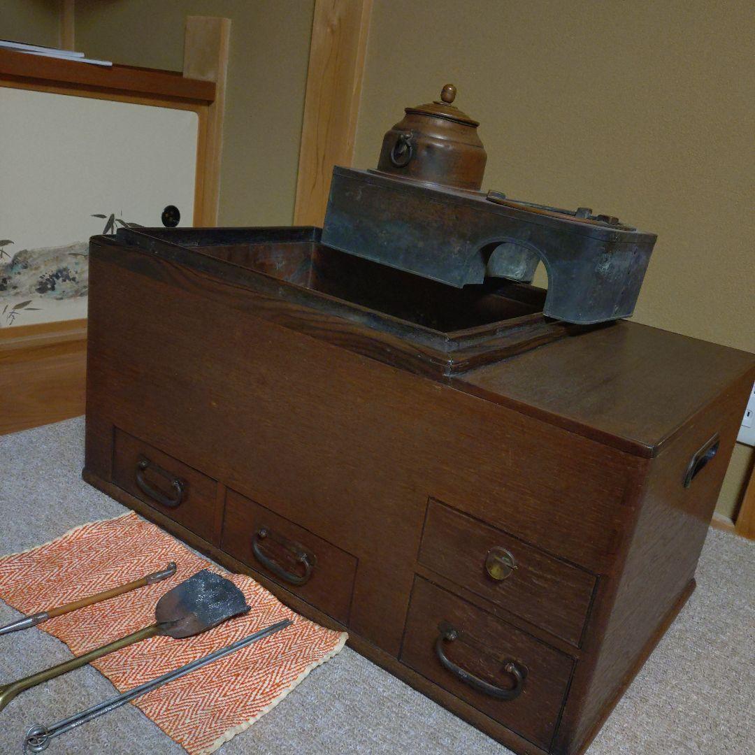 木製長火鉢 燗銅壺付 昭和レトロ 古民家 古道具 骨董品 おまけ火箸・煙管・灰掻