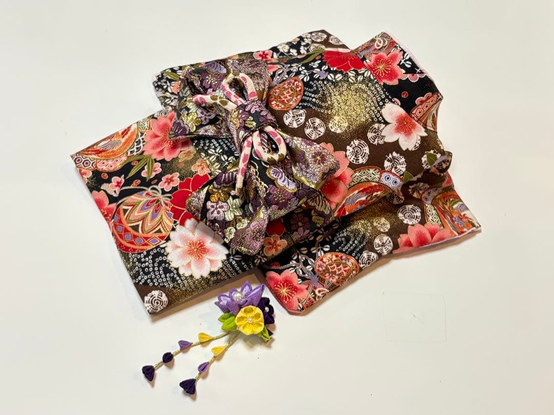 ★新作★完成品☆犬服☆つまみ細工帯飾り付き 犬用着物Sサイズ 女の子和柄ブラック